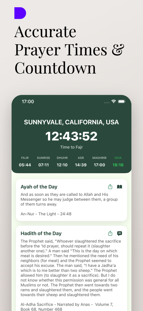 Prayer Times 2026: Ramadan - Genaue Gebetszeiten und Countdown-Anzeige mit täglichem Ayah und Hadith