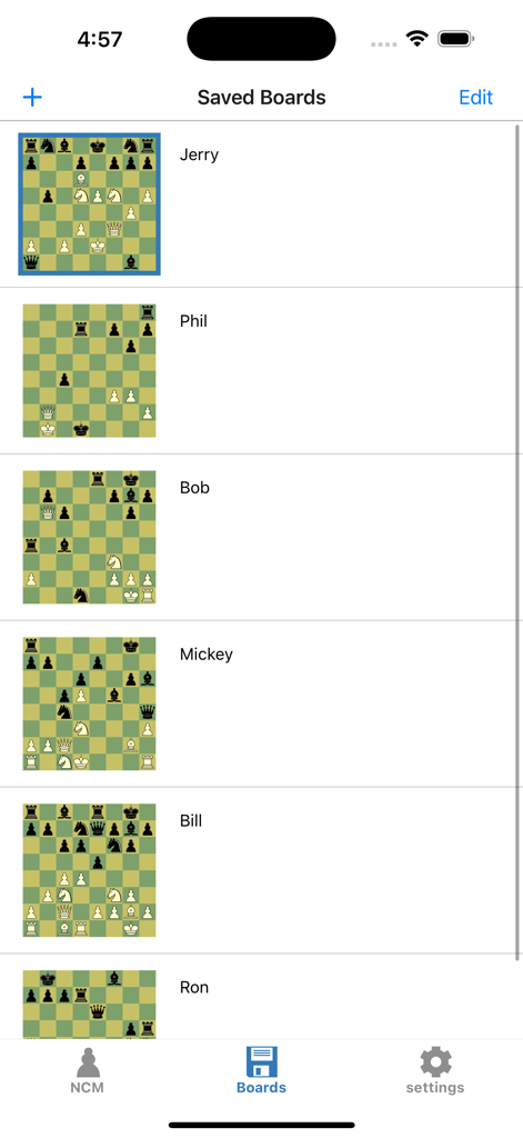 A list of saved chess board positions for analysis in the Next Chess Move mobile app.