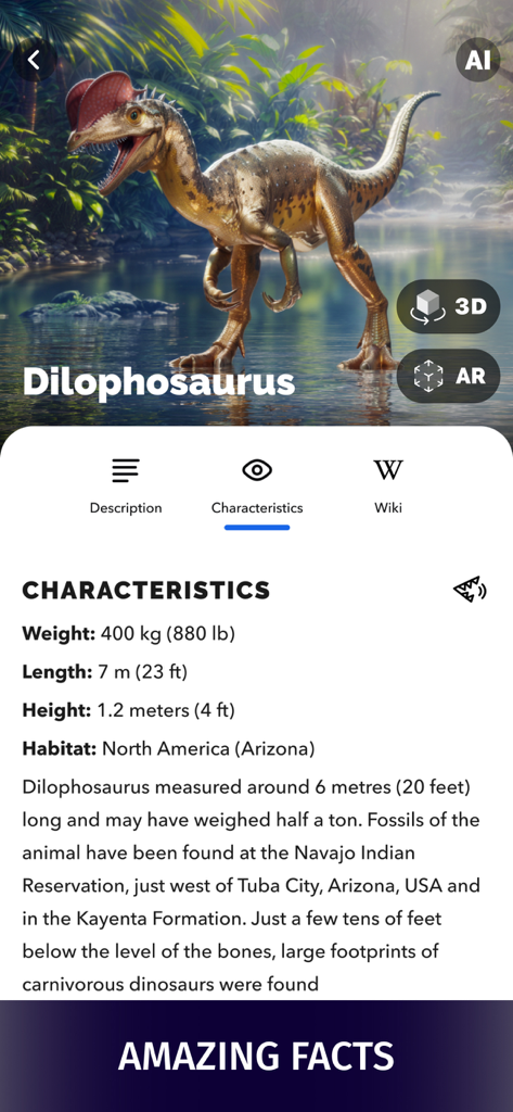 Dinosaur World Alive AR: Facts - Educational screen from Dinosaur World Alive AR app showing Dilophosaurus characteristics and habitat facts