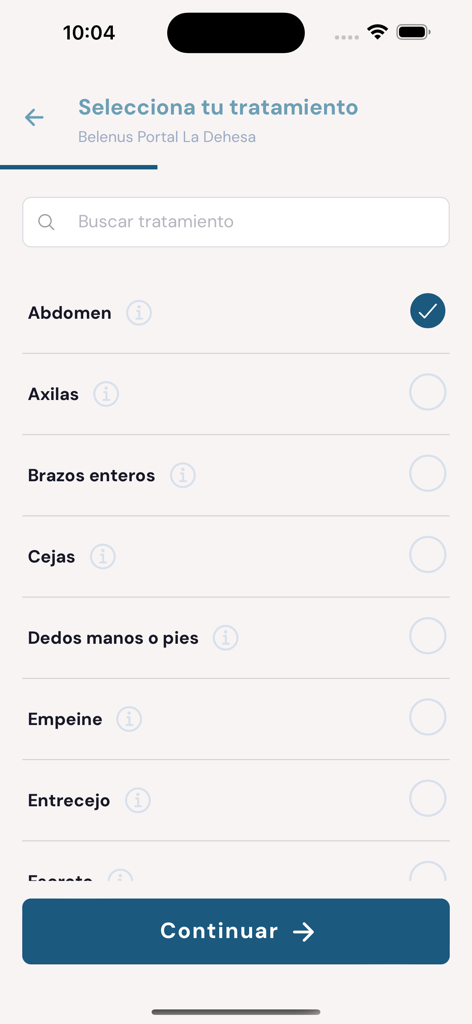 Belenus - Belenus app screen for selecting non-invasive skin treatments by body area such as abdomen or arms