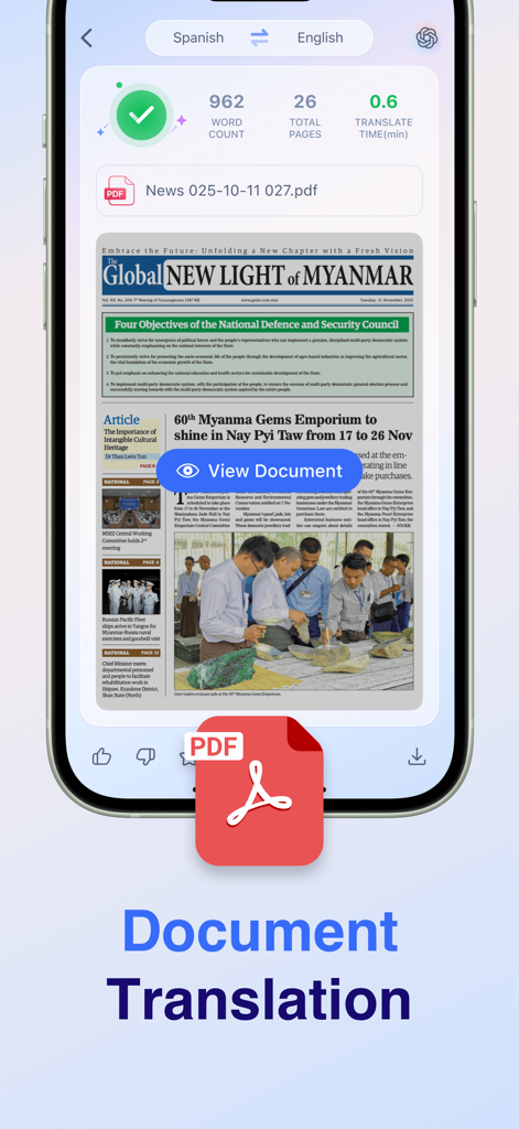 Voice Translate: AI Translator - La pantalla de la aplicación Voice Translate AI demostrando la traducción de documentos PDF del español al inglés con recuento de palabras y estadísticas de páginas.