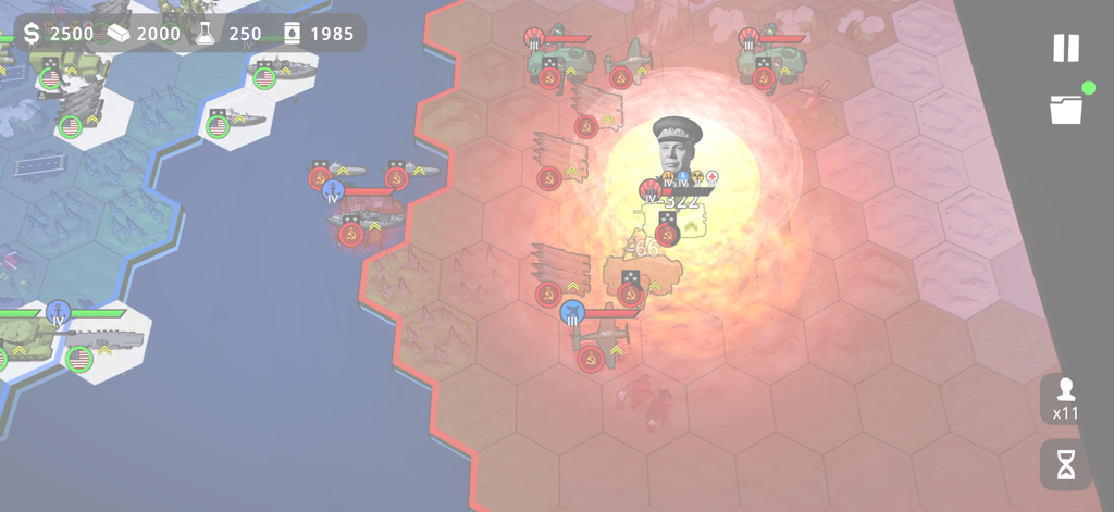 A tactical hex-grid battle in Pocket Panzers featuring military units and a large explosion effect.