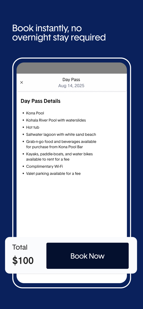 ResortPass - Écran de l'application mobile ResortPass montrant les détails et le prix du passe journalier pour les équipements de l'hôtel