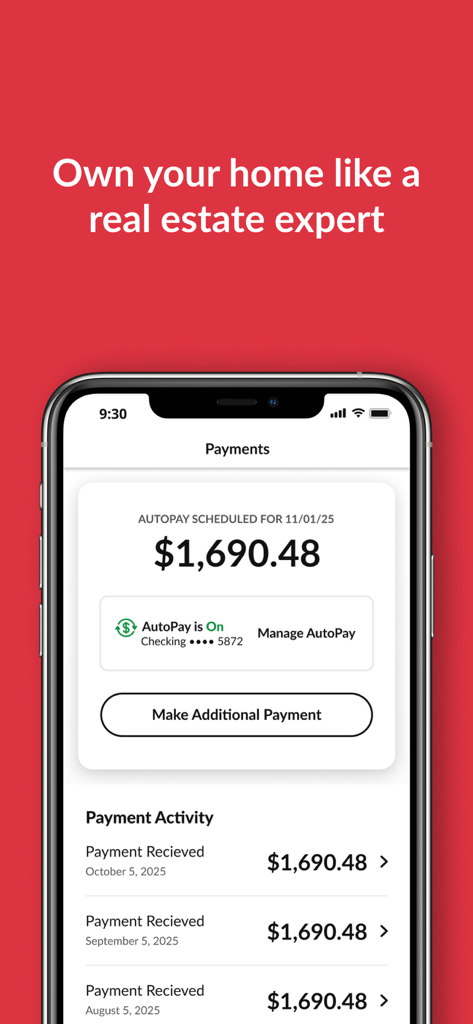 Mr. Cooper app interface displaying mortgage payment history and autopay settings