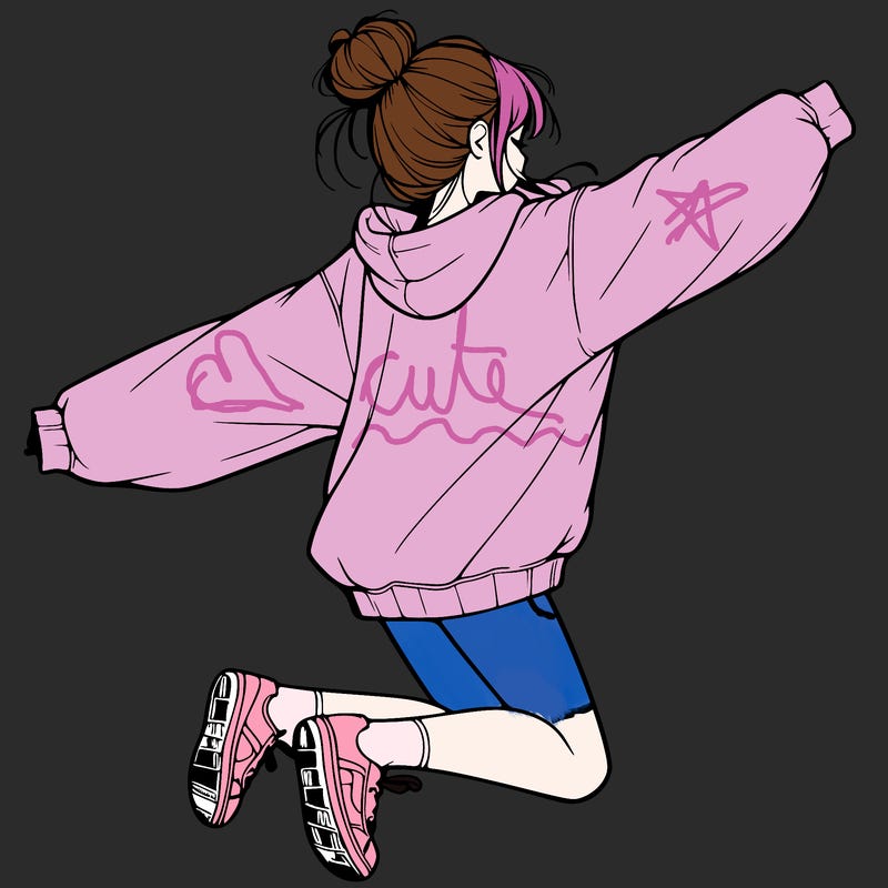 realistic girl jumping with a bun and oversized sweatshirt