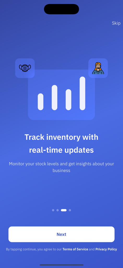 Kushk POS - Kushk POSアプリのオンボーディング画面。リアルタイム在庫追跡とビジネスインサイトを強調しています。