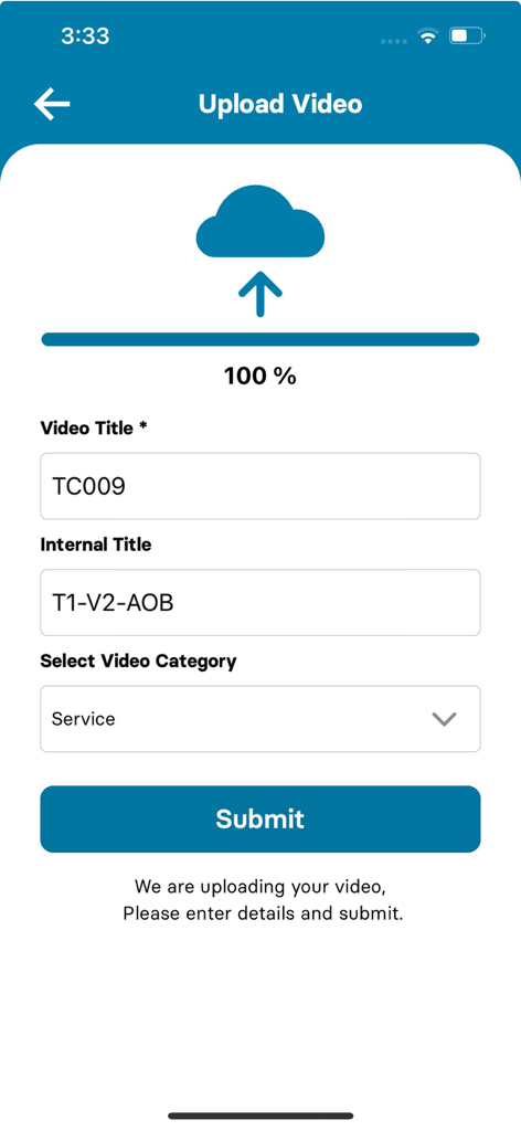 VidCom - VidCom app interface for uploading a video with title and category details