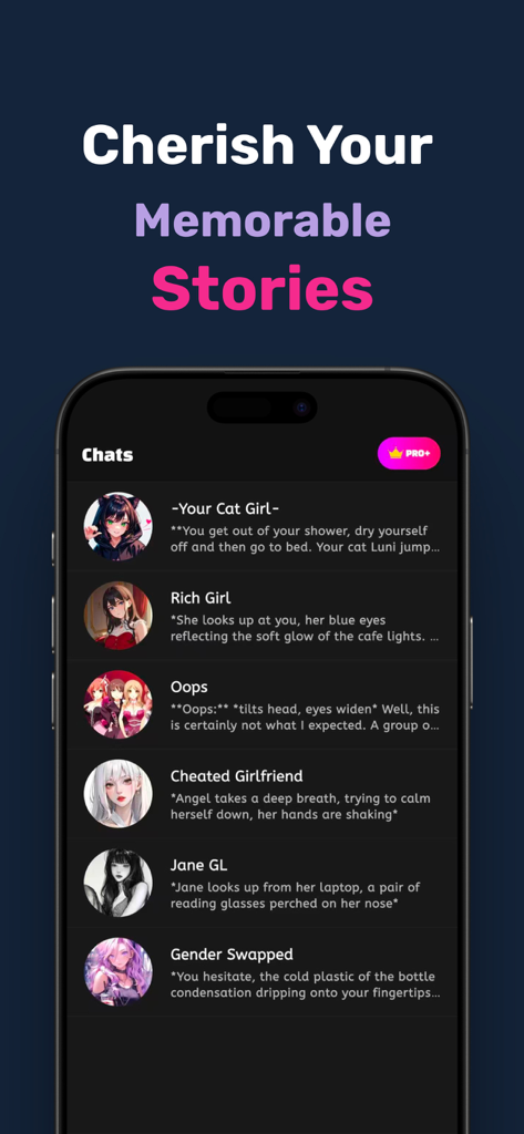 A mobile screen showing a list of AI character chats with anime avatars and dialogue snippets in the Yollo AI app.