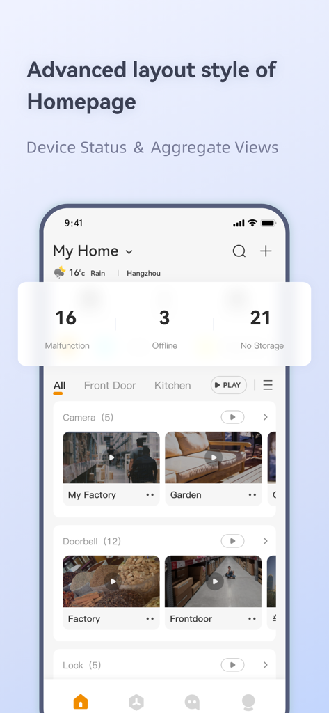 Homepage dell'app Imou Life che mostra lo stato del dispositivo e diversi feed video delle telecamere intelligenti