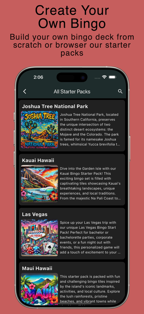 Vaygo Bingo - Travel Game - Vaygo Bingo app screen showing travel bingo starter packs for destinations like Joshua Tree and Las Vegas