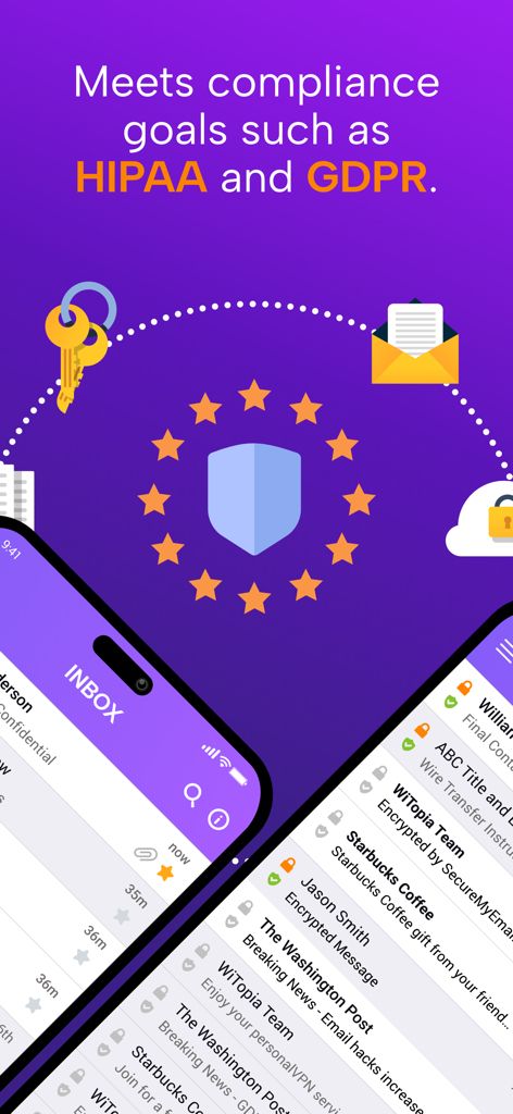 SecureMyEmail - SecureMyEmail app interface highlighting HIPAA and GDPR compliance for secure email messaging