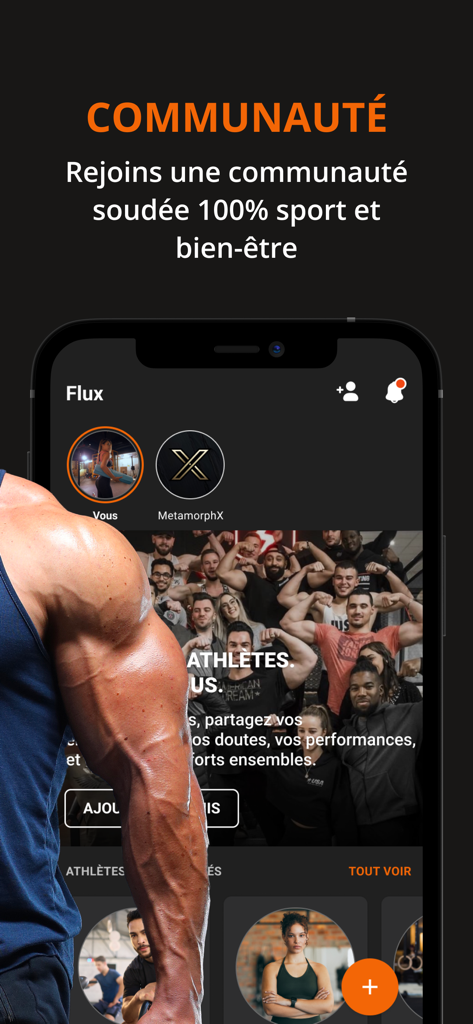 MetamorphX - MetamorphX fitness app community screen featuring athlete social feed and group interactions