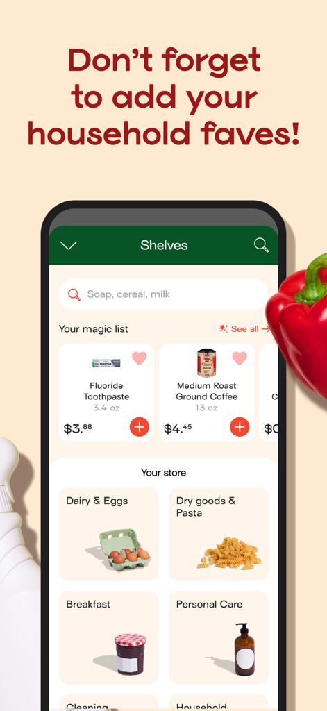 Jow - easy recipes & groceries - Jow app screen showing personalized grocery items and store categories for easy shopping