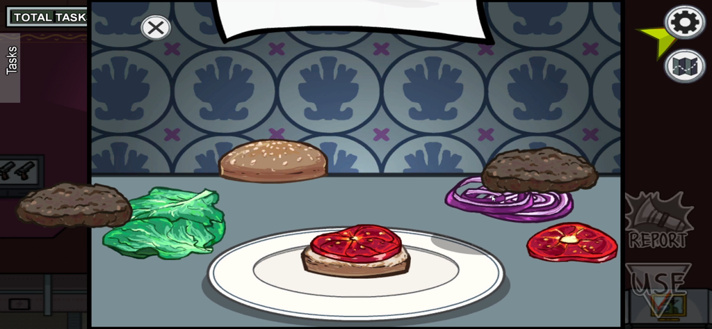 Screenshot des Spiels "Burger zusammenbauen" in Among Us