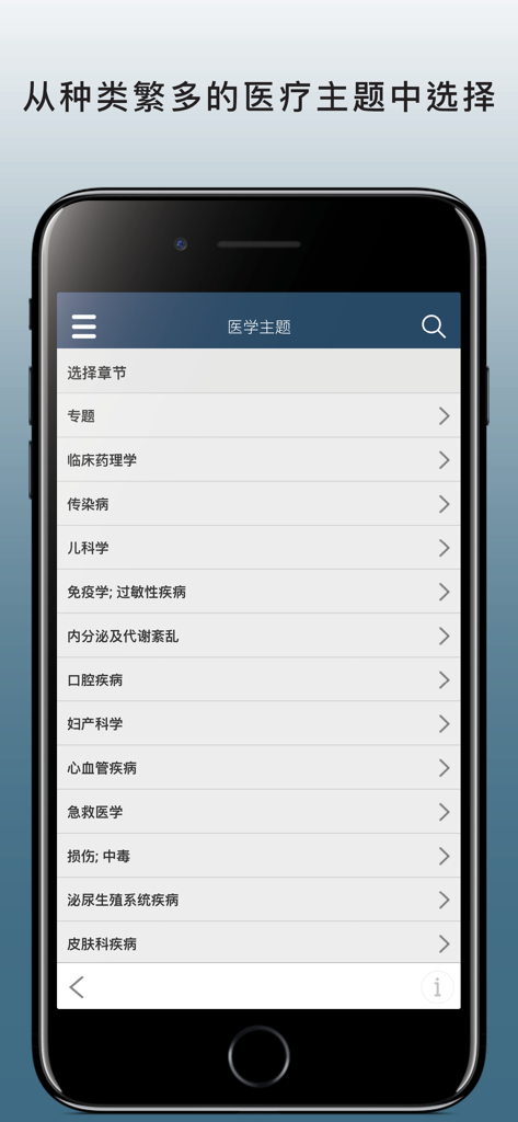 Merck Manual Professional Version app screen showing a list of medical categories in Chinese