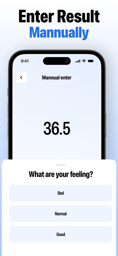 Body Temperature Checker。 - Una schermata di un'app mobile per l'inserimento manuale della temperatura corporea con un questionario per il monitoraggio dei sintomi e delle sensazioni
