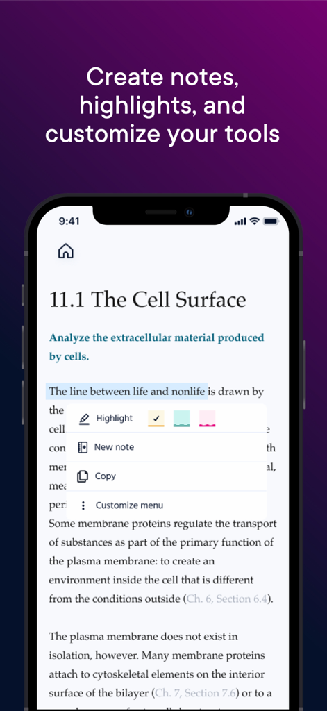Pearson plus App-Oberfläche mit Textmarkierungen und Notizfunktionen auf einer Biologie-E-Book-Seite