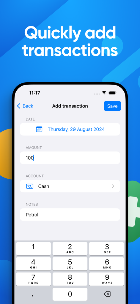 Vertly - Daily expense tracker - Tela do aplicativo Vertly mostrando o formulário rápido de entrada de transações para rastrear despesas diárias