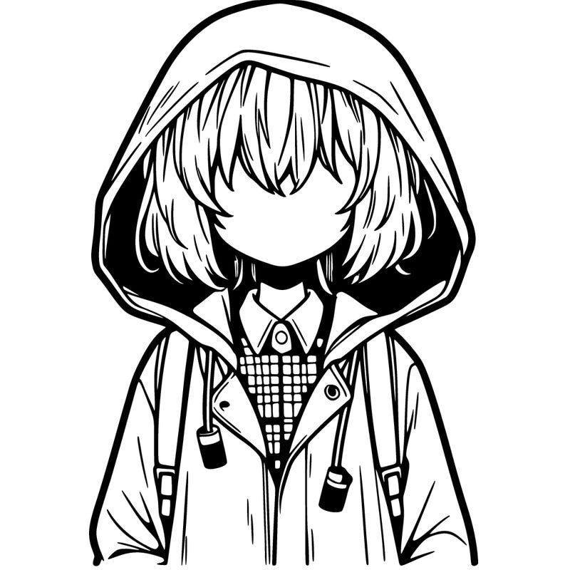 little anime girl in a raincoat her hair is covering her eyes she has a lighter