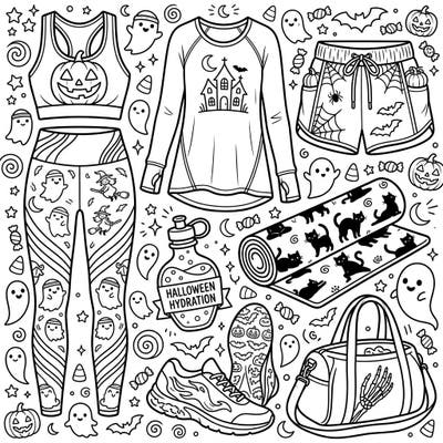 Prepare for a ghoulishly good workout with this unique Halloween activewear coloring page. Discover a collection of fitness gear adorned with adorable ghosts, witches, and pumpkins, perfect for a festive and creative session.