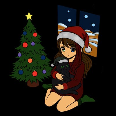 a girl wearing a santa claus hat is holding a cat in her arms, who is also wearing a santa claus hat. they are sitting near a christmas tree. there is a window next to the tree.
