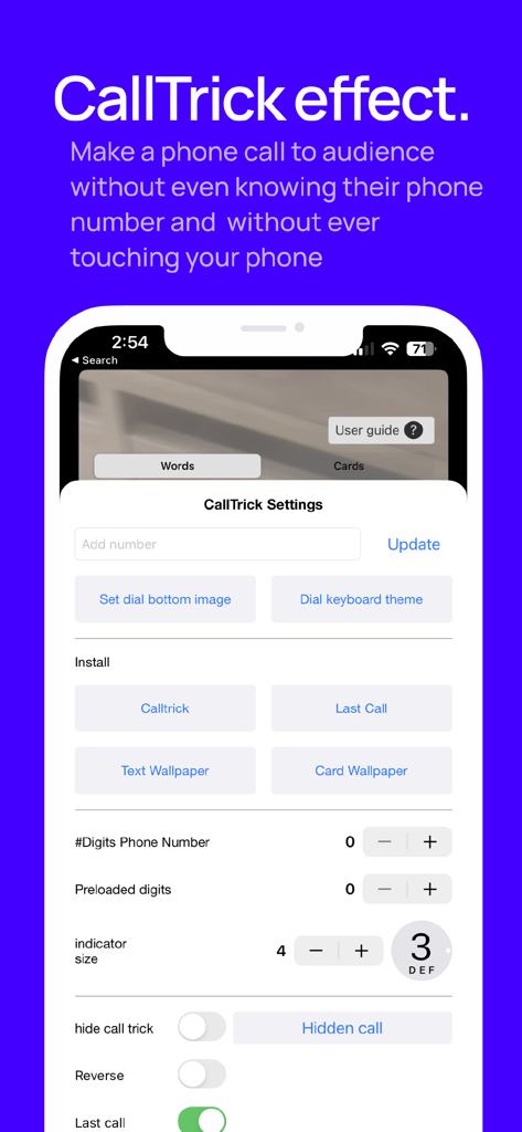 CardPhone - Interface showing the settings for the CallTrick effect in the CardPhone magic app