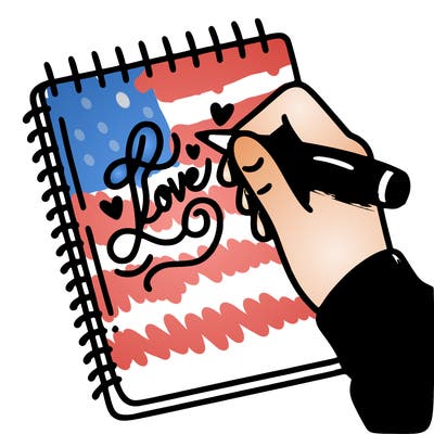 a hand writing “love” in calligraphy on a notebook