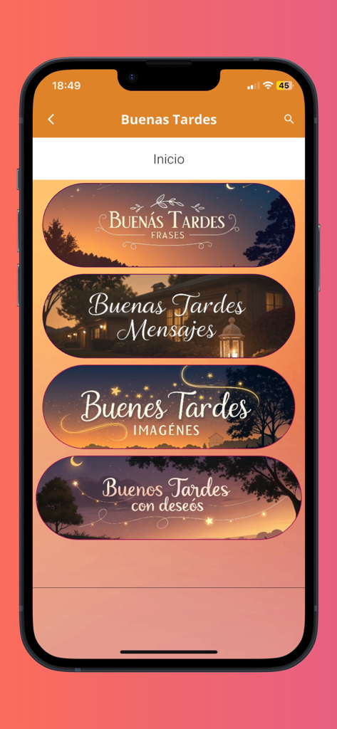 buenos días y buenas noches. - Pantalla de app móvil mostrando categorías para citas, mensajes e imágenes de Buenas Tardes en español