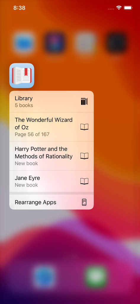 FBReader app icon on iOS showing quick action shortcuts to recent books and library