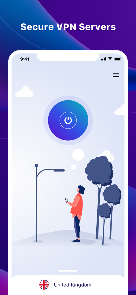 Interfaz de la aplicación VPN Proxy Master que muestra un botón de conexión de un toque y selección de servidor seguro para el Reino Unido