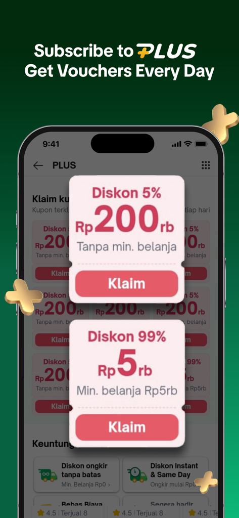 Tela do aplicativo Tokopedia promovendo a assinatura PLUS com vouchers de desconto diários e botões de resgate