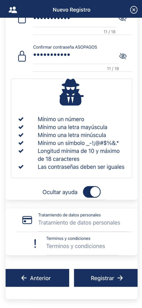 Pantalla de registro de la app Asopagos mostrando los requisitos de seguridad de la contraseña y los términos de servicio