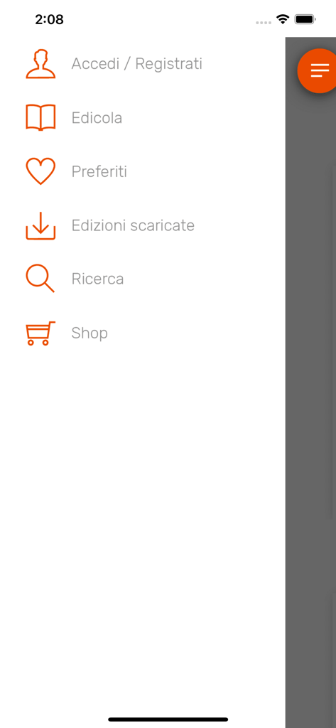 Quattrozampe Edicola Digitale - Navigation menu of the Quattrozampe Edicola Digitale app showing options for login, newsstand, favorites, and shop.