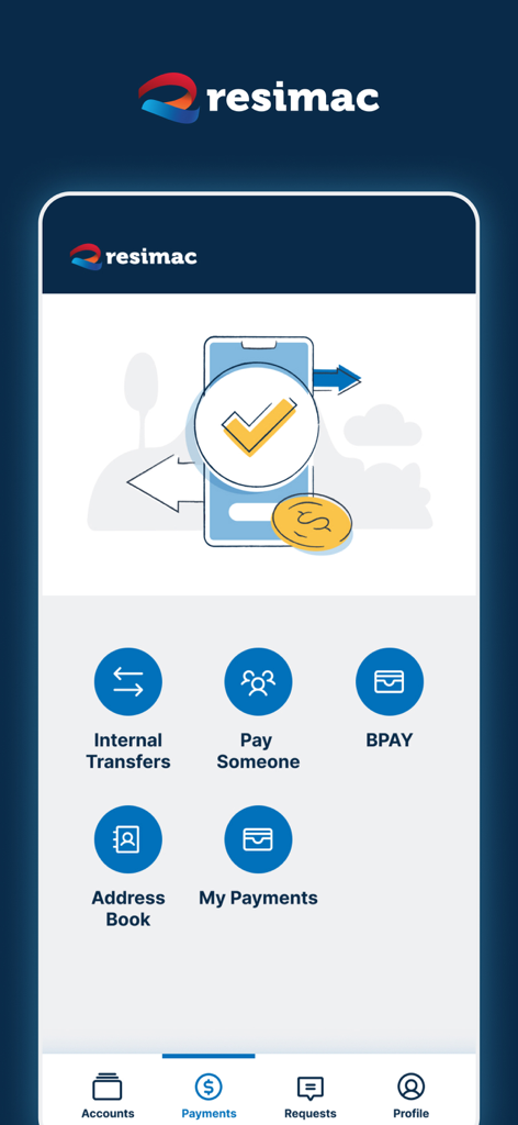 Resimac mobile app payments screen featuring internal transfers, BPAY, and payment management options