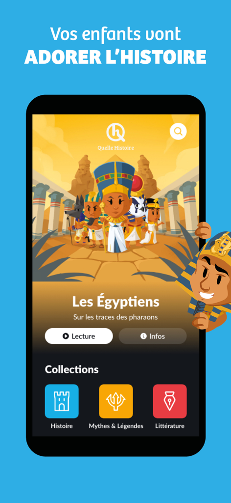 The Quelle Histoire app interface showing history stories for kids with an Egyptian theme