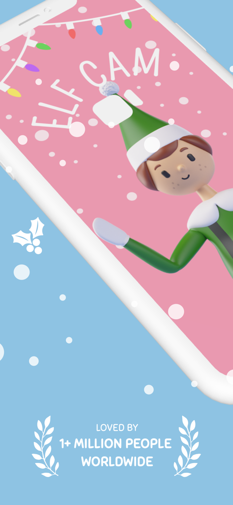 Elf Cam - Santa's elf tracker - Elf Cam app showing a 3D Christmas elf and the 1 million users milestone.