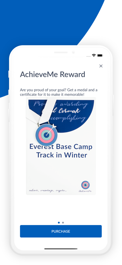 Achieve Me - Life Goals - AchieveMe app interface displaying a goal achievement reward with a medal and certificate.