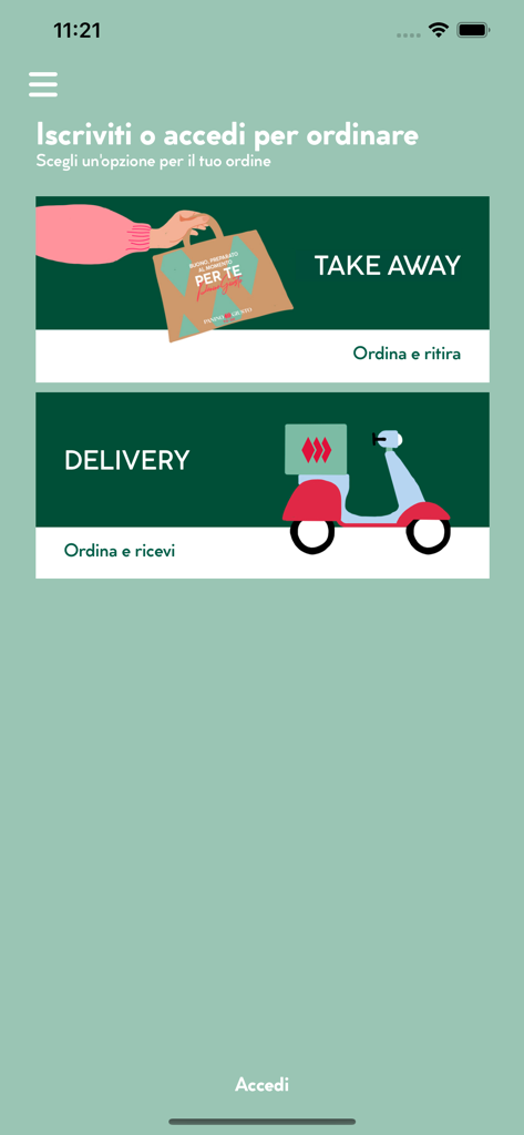 MY Panino Giusto app interface showing options for take away and delivery orders