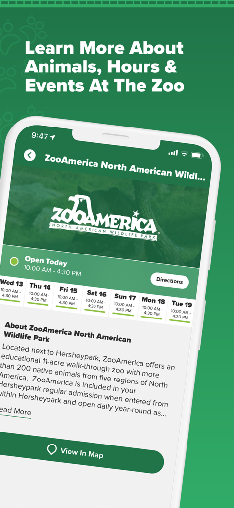 Hersheypark - Hersheypark app screen showing ZooAmerica information and opening hours