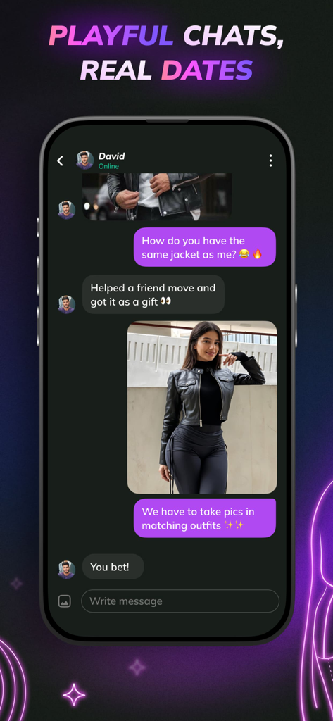 Flirtini - Match, Chat, Flirt - Un smartphone affichant une conversation sur l'application de rencontres Flirtini avec le titre Conversations ludiques, Rencontres réelles