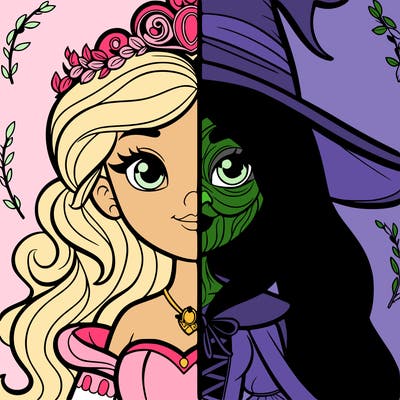 detailed realistic split of a princess and a witch