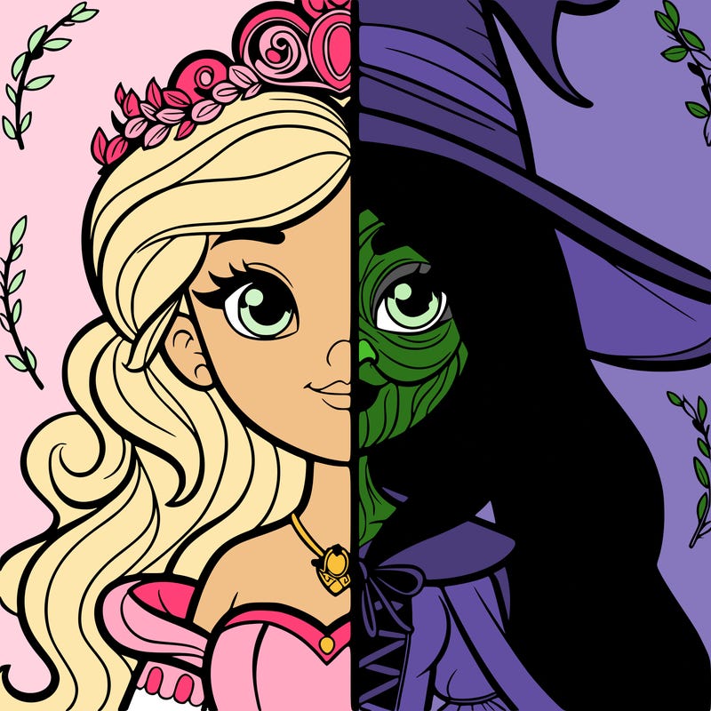 detailed realistic split of a princess and a witch
