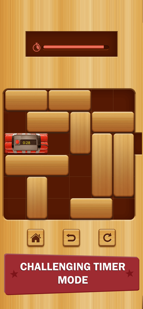 A screenshot of the Unlock me unblock puzzle game featuring the challenging timer mode with wooden blocks and a countdown timer.
