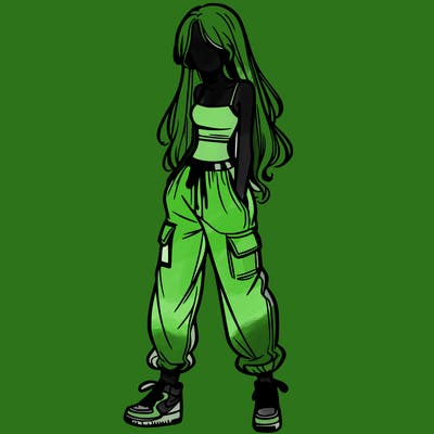 girl in baggy pants crop top and long hair