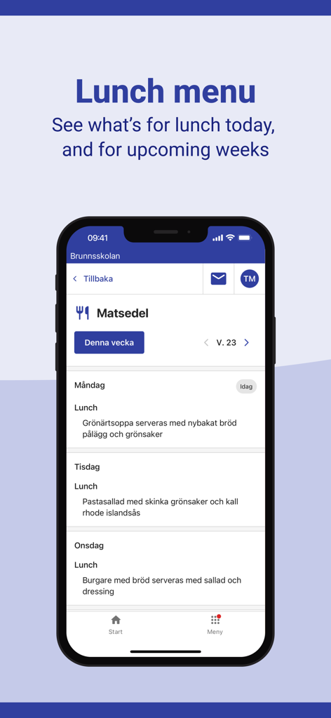 A mobile device displaying the weekly school lunch menu within the SchoolSoft Elev student app.
