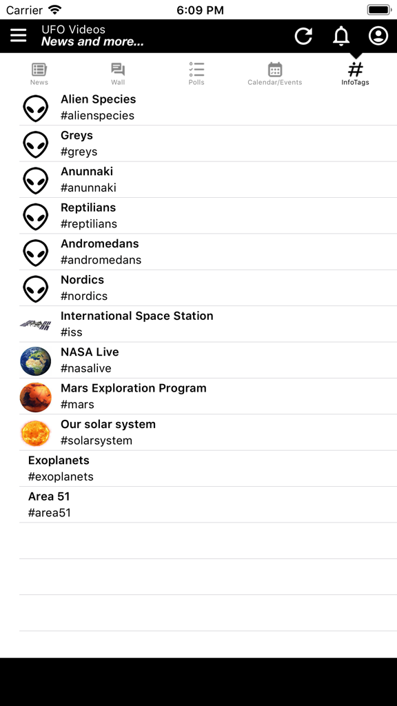 UFO Videos, News & more... - A list of alien species and paranormal topics within the InfoTags section of the UFO news app.