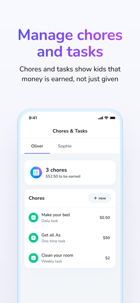 Till: Kids & Teen Banking - Screenshot of the Till app showing a list of chores and tasks with dollar amounts for kids to earn money