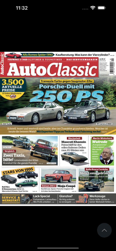 Fahrzeuge Classic 앱 내 빈티지 포르쉐 모델을 특징으로 하는 Auto Classic 잡지의 디지털 표지