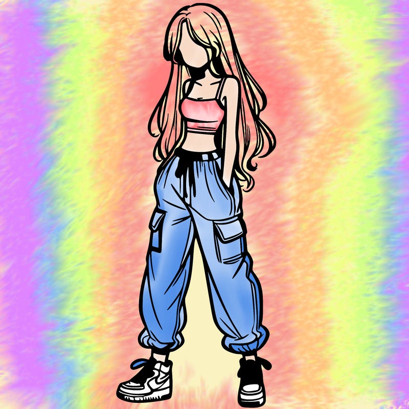 girl in baggy pants crop top and long hair