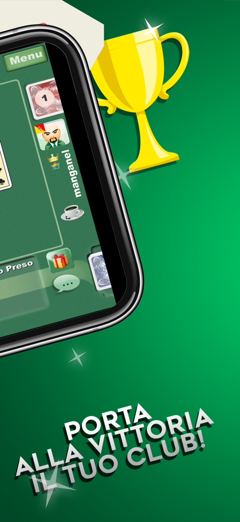 Schermata mobile che mostra una partita di carte Burraco con un trofeo dorato e testo sulla guida del tuo club alla vittoria.